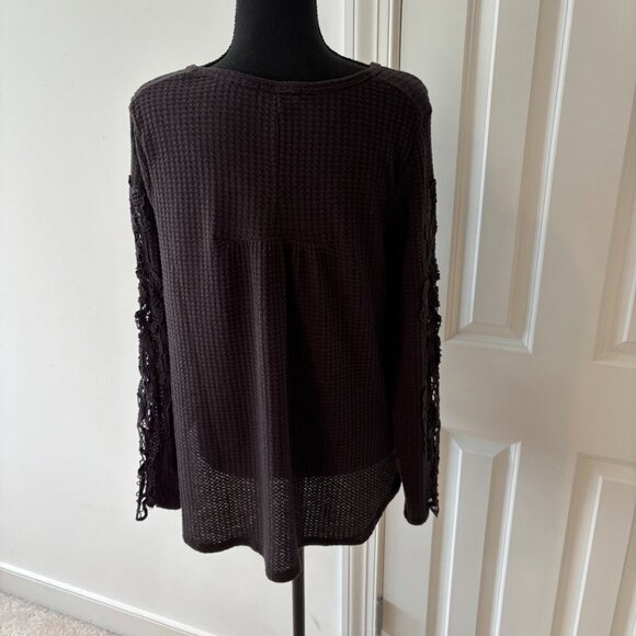 Altar'd State Black Long Sleeve Waffle Knit Flowy top with Crochet Detail Size S - Picture 2 of 9